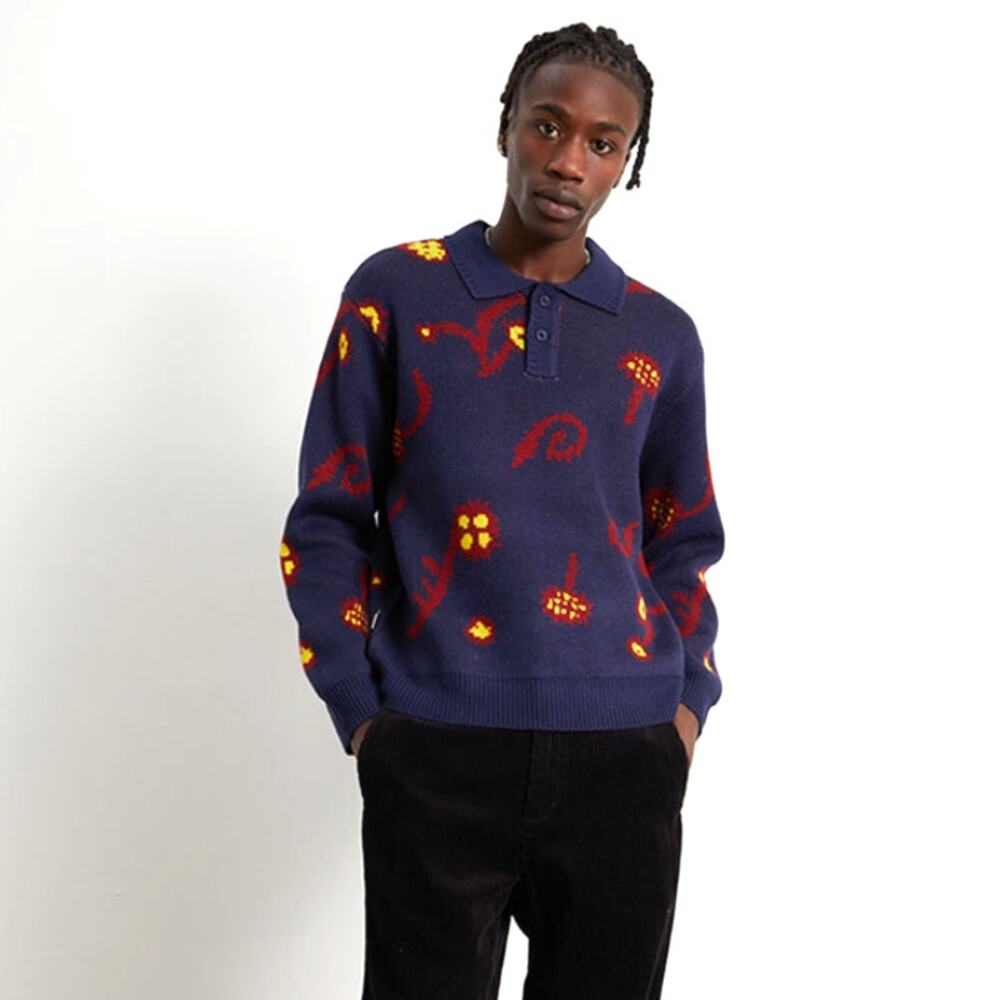 OBEY Retro Pattern Thick Pullover Sweater with Collar and Buttons